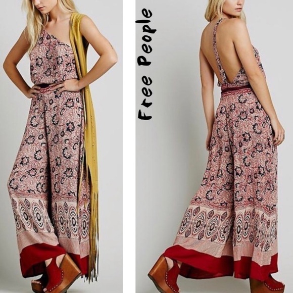 Free People Pants - FREE PEOPLE burgundy, cream, and navy Boho one-shoulder jumpsuit